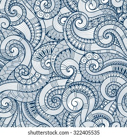 Seamless blue abstract hand-drawn pattern, waves background. Doodle  Illustration Design 