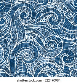 Seamless blue abstract hand-drawn pattern, waves background. Doodle  Illustration Design 