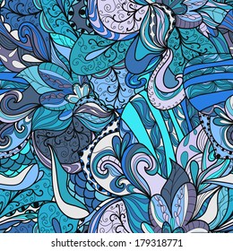Seamless blue abstract hand-drawn waves pattern, wavy background. Seamless pattern can be used for wallpaper, pattern fills, web page background,surface textures.  seamless floral background
