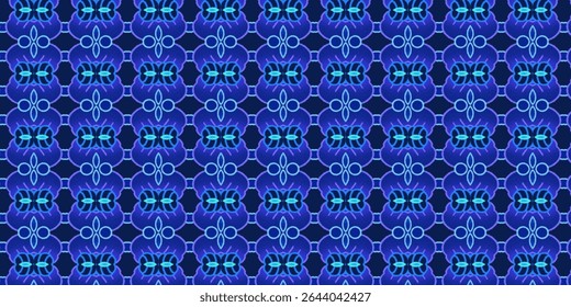 Seamless blue abstract pattern with glowing symmetrical shapes and vibrant neon accents. Perfect for modern backgrounds, digital art, and textile design.