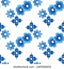 Seamless blue azulejo watercolor pattern. Vector flowers illustration. 