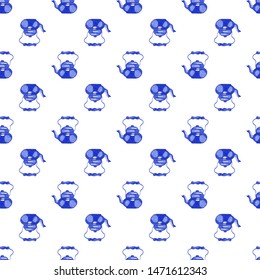 Seamless blue azulejo watercolor pattern. Vector teapot illustration. 