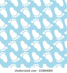 Seamless blue baby shower pattern with baby feet icons