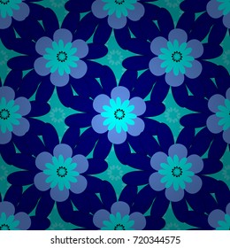 Seamless blue background with abstract flowers and elements. Vector retro illustration. Ideal for printing on fabric or paper.