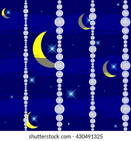 Seamless, blue background arabian night, a curtain of white beads. Vector.