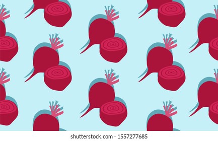 Seamless blue background with beetroots with shadow. Vector  illustration design with vegetables for template.