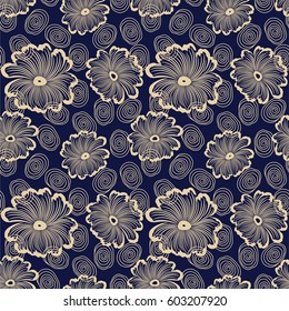 Seamless blue background with beige flowers and spirals. Ideal for printing on fabric or paper. Vector illustration.