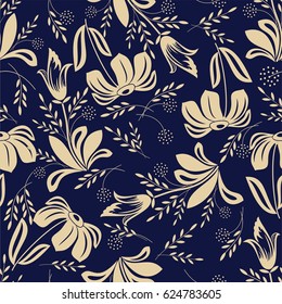 Fondo azul transparente con flores y hojas beige. Ideal para imprimir en tela o papel. Ilustración vectorial.