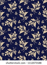 Seamless blue background with beige leaves. Vector retro illustration. Ideal for printing on fabric or paper for wallpapers, textile, wrapping. 