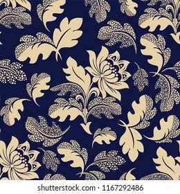 Seamless blue background with beige leaves and flowers. Vector retro illustration. Ideal for printing on fabric or paper for wallpapers, textile, wrapping. 