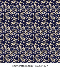 Seamless blue background with beige leaves. Ideal for printing on fabric or paper. Vector illustration. 