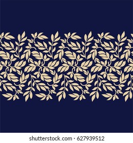 Seamless blue background with beige leaves, design for packaging in trendy linear style. Ideal for printing on fabric or paper. Vector illustration. 
