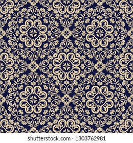 Seamless blue background with beige mandala ornament in the east style. Islam, Arabic, Indian, ottoman motifs. Ideal for printing on fabric or paper for wallpapers, textile, wrapping. Vector illustrat