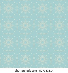 Seamless blue background with beige mandala pattern.