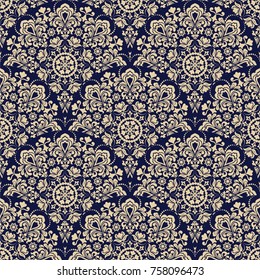 Seamless blue background with beige mandala pattern. Vector illustration. Ideal for printing on fabric or paper.