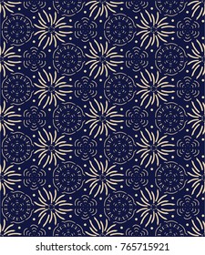 Seamless blue background with beige mandala pattern. Vector illustration. Ideal for printing on fabric or paper.