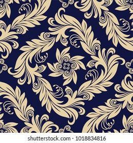 Seamless blue background with beige pattern in baroque style. Vector retro illustration. Ideal for printing on fabric or paper. Royal victorian seamless texture for wallpapers, textile, wrapping. 