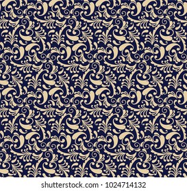 Seamless blue background with beige pattern in baroque style. Vector retro illustration. Ideal for printing on fabric or paper for wallpapers, textile, wrapping. 