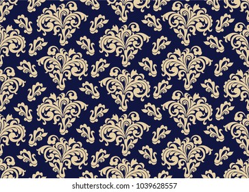 Seamless blue background with beige pattern in baroque style. Vector retro illustration. Ideal for printing on fabric or paper for wallpapers, textile, wrapping. 