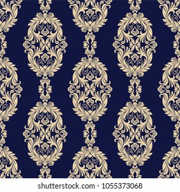 Seamless blue background with beige pattern in baroque style. Vector retro illustration. Ideal for printing on fabric or paper for wallpapers, textile, wrapping. 