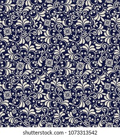 Seamless blue background with beige pattern in baroque style. Vector retro illustration. Ideal for printing on fabric or paper for wallpapers, textile, wrapping. 