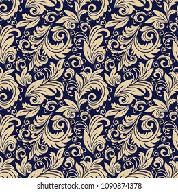 Seamless blue background with beige pattern in baroque style. Vector retro illustration. Ideal for printing on fabric or paper for wallpapers, textile, wrapping. 