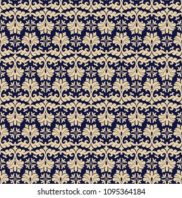 Seamless blue background with beige pattern in baroque style. Vector retro illustration. Ideal for printing on fabric or paper for wallpapers, textile, wrapping. 