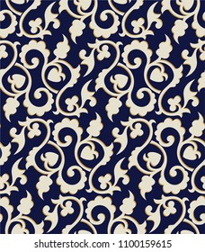 Seamless blue background with beige pattern in baroque style. Vector retro illustration. Ideal for printing on fabric or paper for wallpapers, textile, wrapping. 
