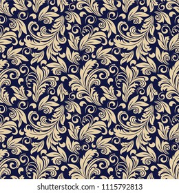 Seamless blue background with beige pattern in baroque style. Vector retro illustration. Ideal for printing on fabric or paper for wallpapers, textile, wrapping. 