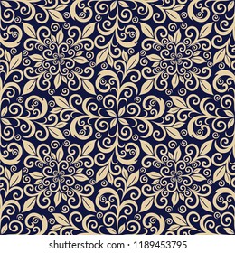 Seamless blue background with beige pattern in baroque style. Vector retro illustration. Ideal for printing on fabric or paper for wallpapers, textile, wrapping. 