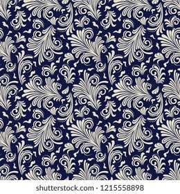 Seamless blue background with beige pattern in baroque style. Vector retro illustration. Ideal for printing on fabric or paper for wallpapers, textile, wrapping. 