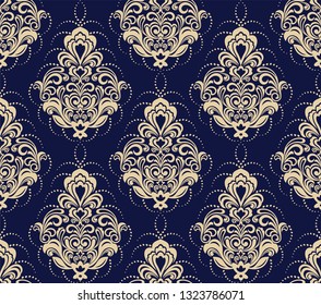 Seamless blue background with beige pattern in baroque style. Vector retro illustration. Ideal for printing on fabric or paper for wallpapers, textile, wrapping. 