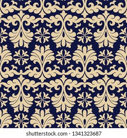 Seamless blue background with beige pattern in baroque style. Vector retro illustration. Islam, Arabic, Indian, ottoman motifs. Perfect for printing on fabric or paper.