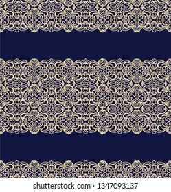 Seamless blue background with beige pattern in baroque style. Vector retro illustration. Ideal for printing on fabric or paper for wallpapers, textile, wrapping. 