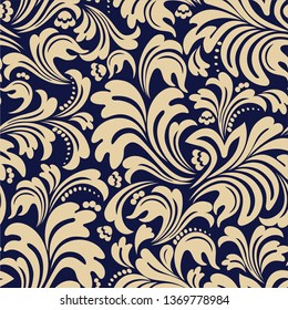 Seamless blue background with beige pattern in baroque style. Vector retro illustration. Ideal for printing on fabric or paper for wallpapers, textile, wrapping. 