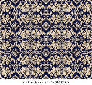 Seamless blue background with beige pattern in baroque style. Vector retro illustration. Ideal for printing on fabric or paper for wallpapers, textile, wrapping. 