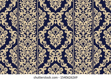 Seamless blue background with beige pattern in baroque style. Vector retro illustration. Ideal for printing on fabric or paper for wallpapers, textile, wrapping. 