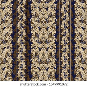 Seamless blue background with beige pattern in baroque style. Vector retro illustration. Ideal for printing on fabric or paper for wallpapers, textile, wrapping. 