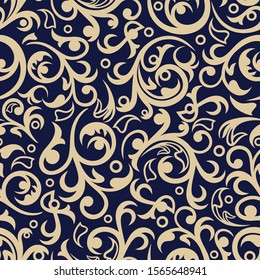 Seamless blue background with beige pattern in baroque style. Vector retro illustration. Ideal for printing on fabric or paper for wallpapers, textile, wrapping. 