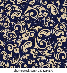 Seamless blue background with beige pattern in baroque style. Vector retro illustration. Ideal for printing on fabric or paper for wallpapers, textile, wrapping. 