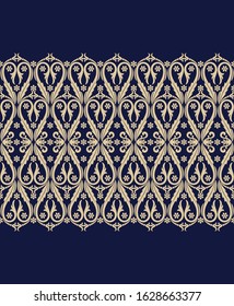 Seamless blue background with beige pattern in baroque style. Vector retro illustration. Ideal for printing on fabric or paper for wallpapers, textile, wrapping. 