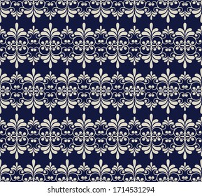 Seamless blue background with beige pattern in baroque style. Vector retro illustration. Ideal for printing on fabric or paper for wallpapers, textile, wrapping. 