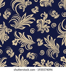 Seamless blue background with beige pattern in baroque style. Vector retro illustration. Ideal for printing on fabric or paper for wallpapers, textile, wrapping. 