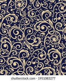 Seamless blue background with beige pattern in baroque style. Vector retro illustration. Ideal for printing on fabric or paper for wallpapers, textile, wrapping. 