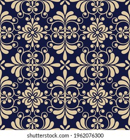 Seamless blue background with beige pattern in baroque style. Vector retro illustration. Ideal for printing on fabric or paper for wallpapers, textile, wrapping. 