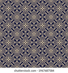 Seamless blue background with beige pattern in baroque style. Vector retro illustration. Ideal for printing on fabric or paper for wallpapers, textile, wrapping. 