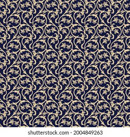 Seamless blue background with beige pattern in baroque style. Vector retro illustration. Ideal for printing on fabric or paper for wallpapers, textile, wrapping. 