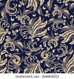 Seamless blue background with beige pattern in baroque style. Vector retro illustration. Ideal for printing on fabric or paper for wallpapers, textile, wrapping. 