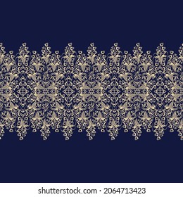 Seamless blue background with beige pattern in baroque style. Vector retro illustration. Ideal for printing on fabric or paper for wallpapers, textile, wrapping. 
