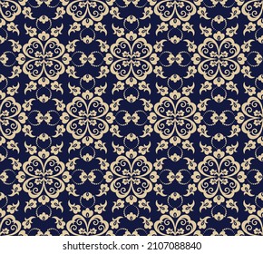 Seamless blue background with beige pattern in baroque style. Vector retro illustration. Ideal for printing on fabric or paper for wallpapers, textile, wrapping. 